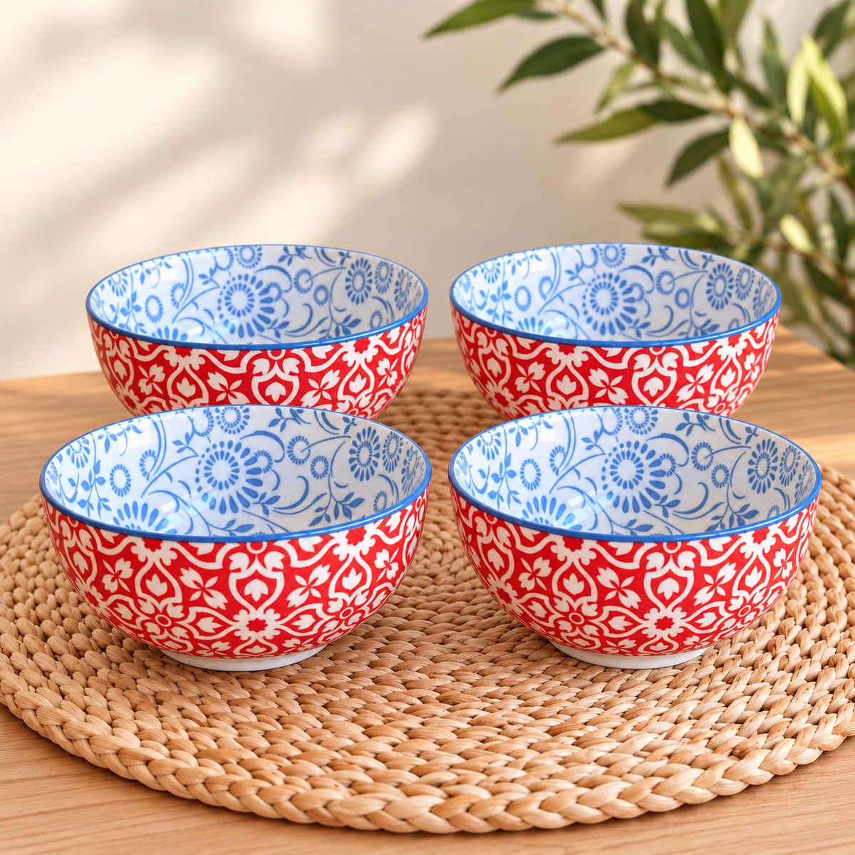 Cuencos de porcelana con diseños florales rojo - celeste
