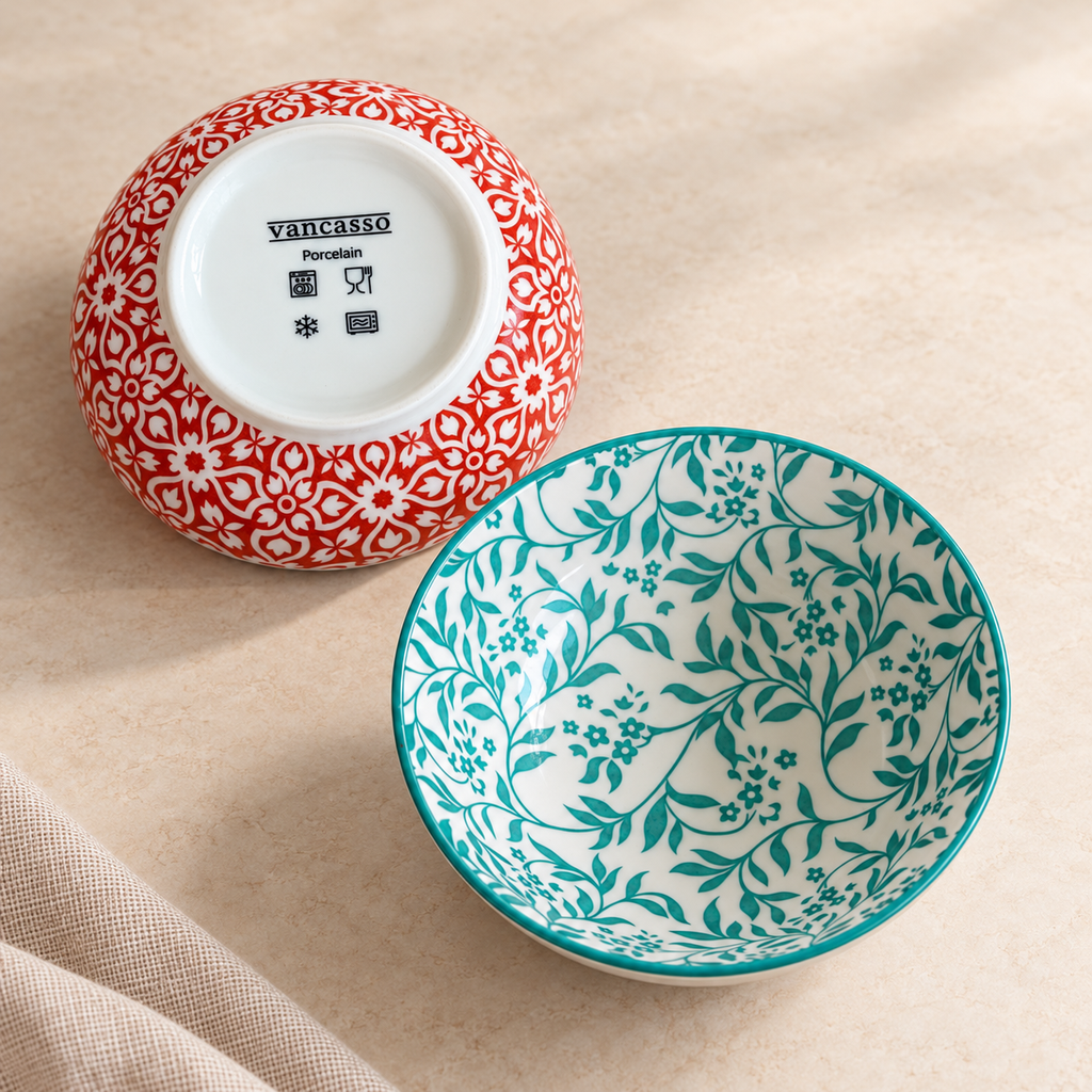 Cuencos de porcelana con diseños florales rojo - verde
