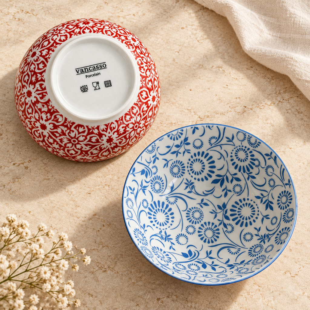 Cuencos de porcelana con diseños florales rojo - celeste