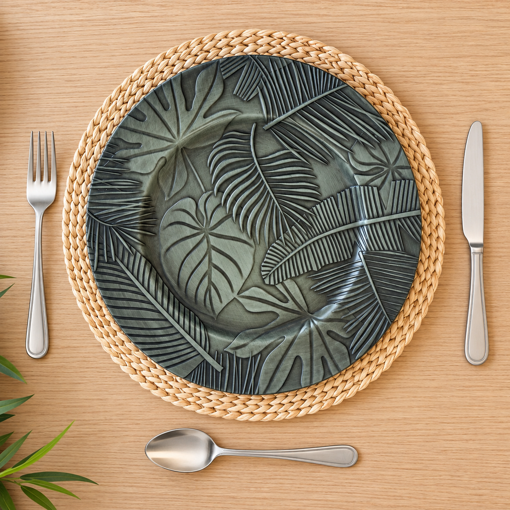Plato base decorativo con hojas tropicales