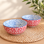 Cuencos de porcelana con diseños florales rojo - celeste